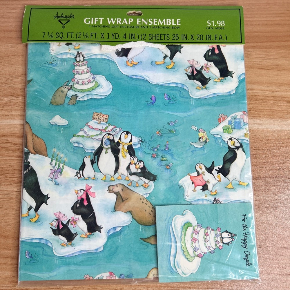 Vintage Wedding Wrapping Paper Blue Penguins Wedding Cake Set of 2 Hallmark